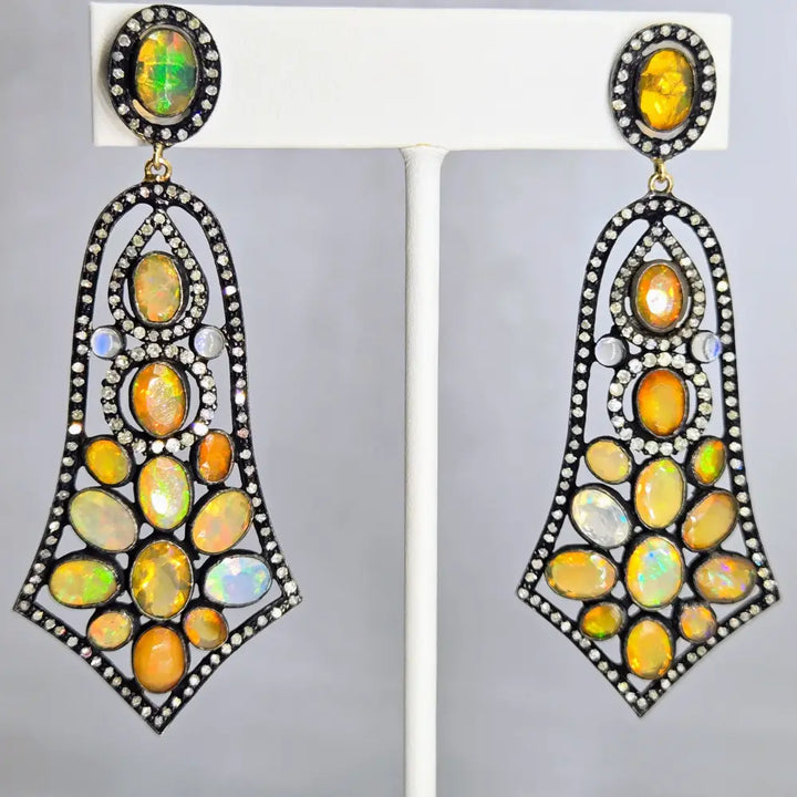 ?SHimmering Sunset Sail’ 2.75’’ Earrings - Opal Diamond Moonstone Black Sterling