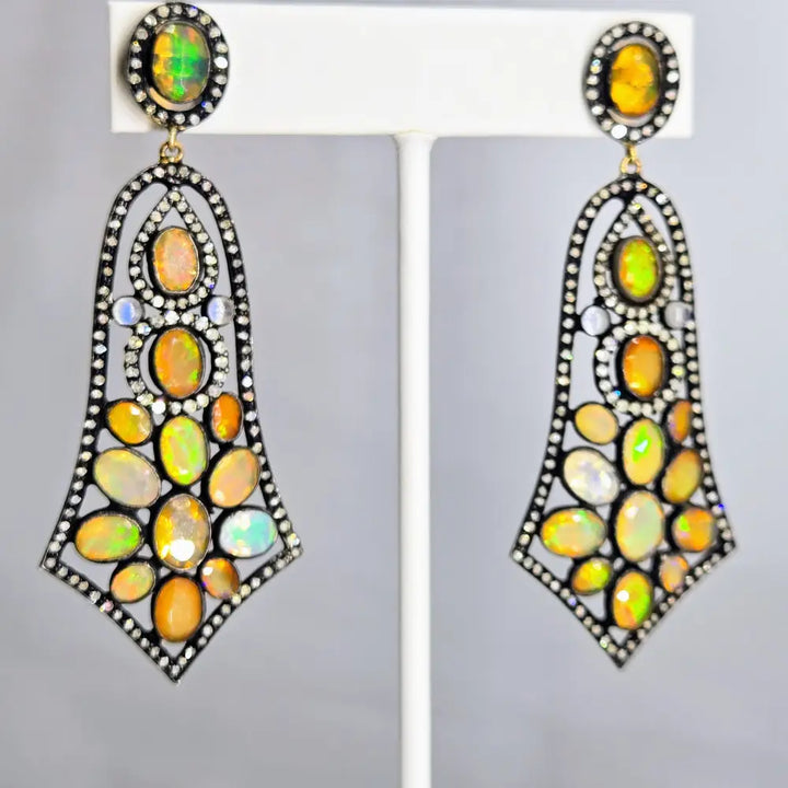 ?SHimmering Sunset Sail’ 2.75’’ Earrings - Opal Diamond Moonstone Black Sterling