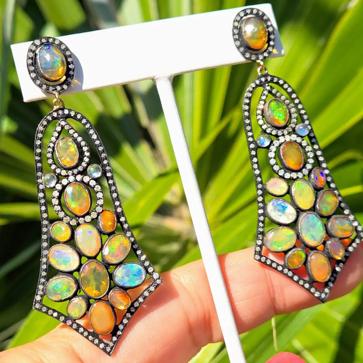 ?SHimmering Sunset Sail’ 2.75’’ Earrings - Opal Diamond Moonstone Black Sterling