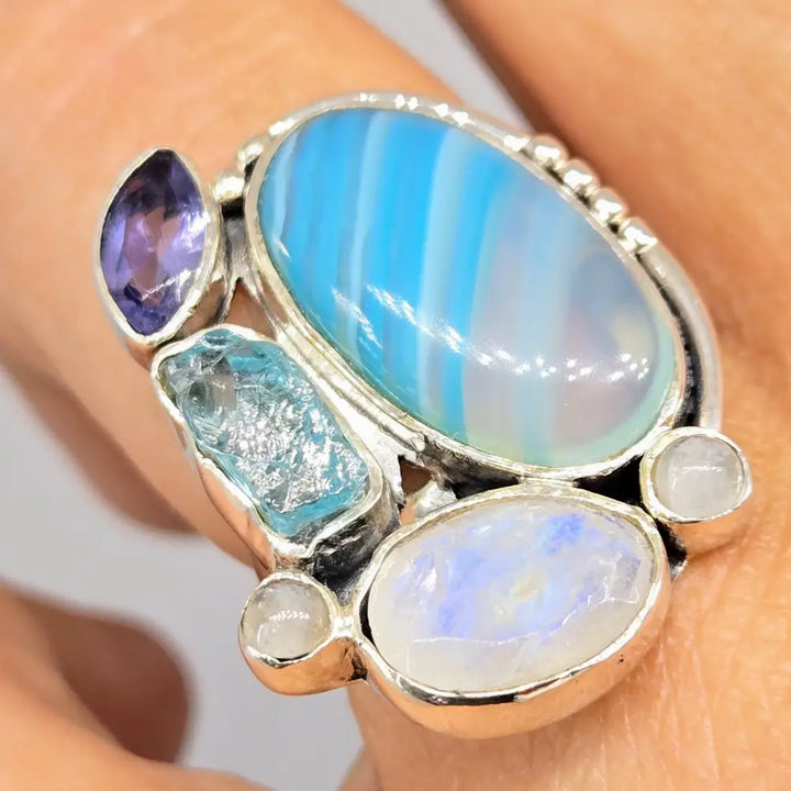 ?SHoobly Doobly-bluebly!’ Sz 7.5 Ring - Agate Apatite Iolite Moonstone Sterling