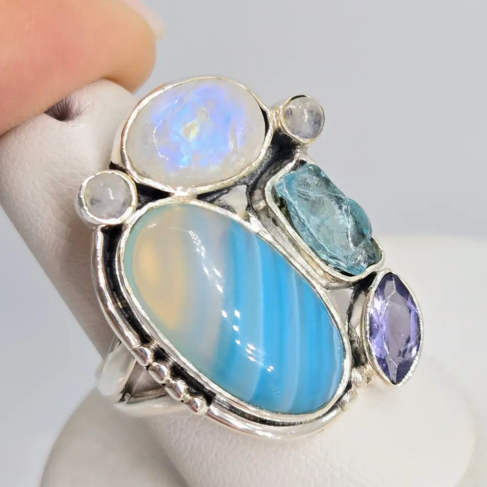 ?SHoobly Doobly-bluebly!’ Sz 7.5 Ring - Agate Apatite Iolite Moonstone Sterling