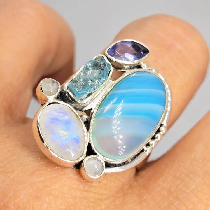 ?SHoobly Doobly-bluebly!’ Sz 7.5 Ring - Agate Apatite Iolite Moonstone Sterling