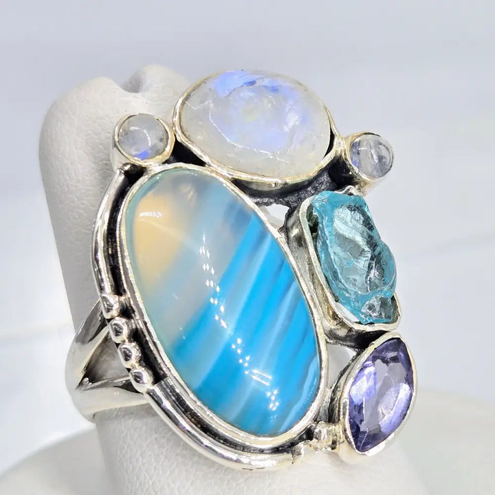 ?SHoobly Doobly-bluebly!’ Sz 7.5 Ring - Agate Apatite Iolite Moonstone Sterling