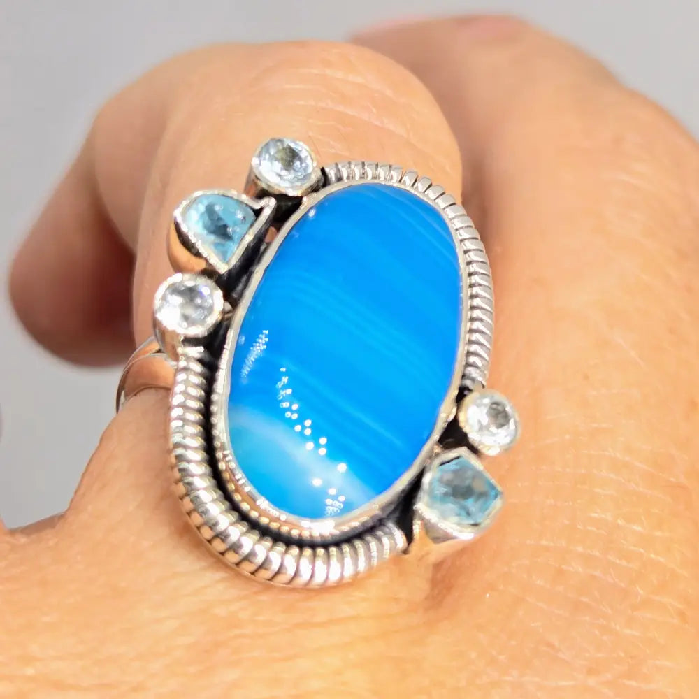 ?SHooby Dooby-blue!’ Sz 7.75 Ring - Agate Topaz Apatite Sterling