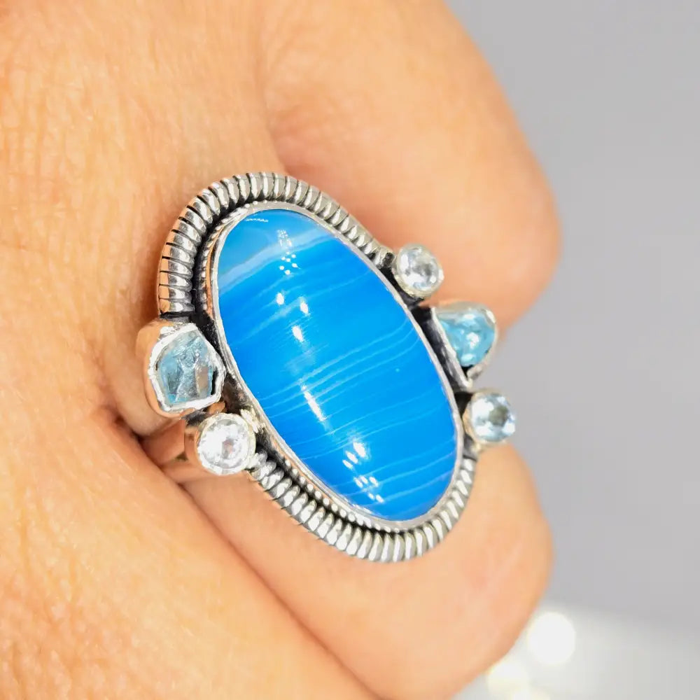 ?SHooby Dooby-blue!’ Sz 7.75 Ring - Agate Topaz Apatite Sterling