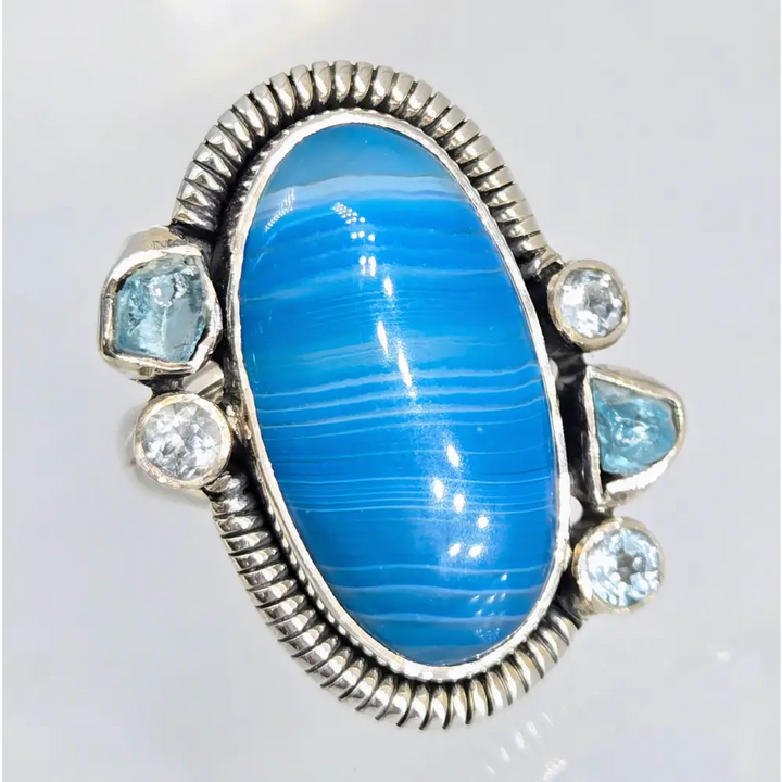 ?SHooby Dooby-blue!’ Sz 7.75 Ring - Agate Topaz Apatite Sterling