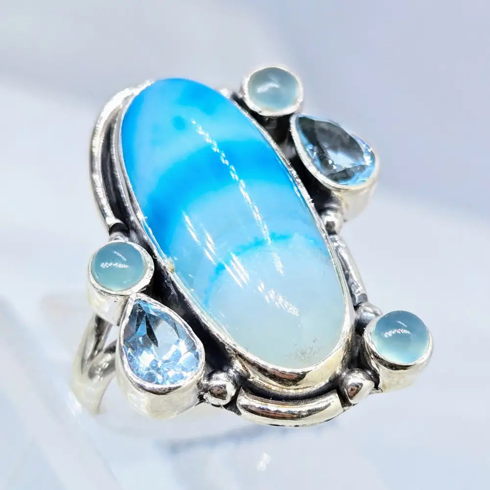 ?SHooby Dooby-blue!’ Sz 8.5 Ring - Agate Topaz Chalcedony Sterling