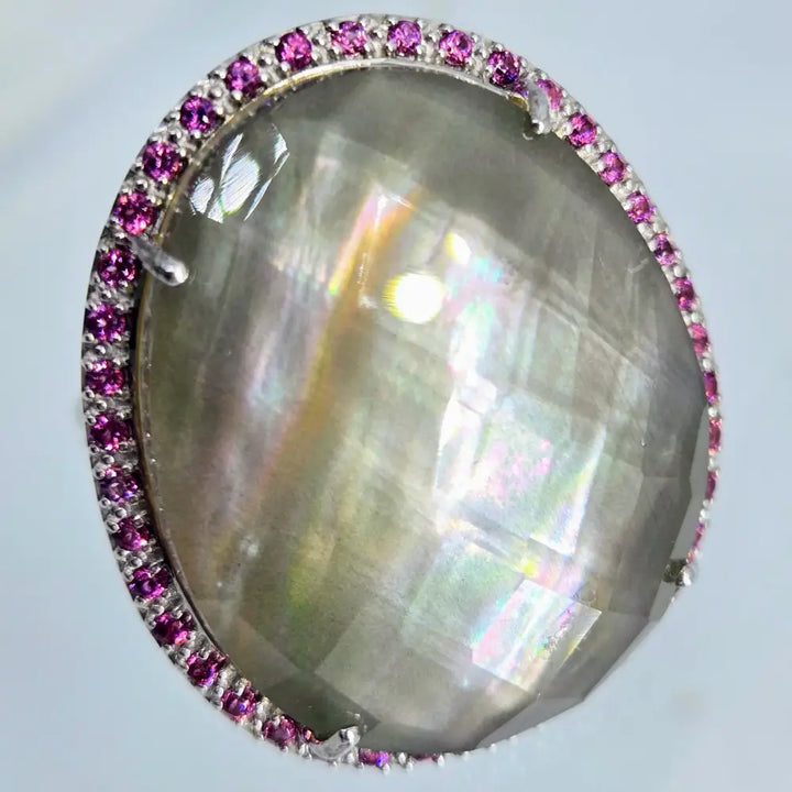 ?SIlver Fox’ Sz 8 Ring - Tahitian Mother-of-pearl Quartz Rhodolite Garnet Anti-tarnish Sterling