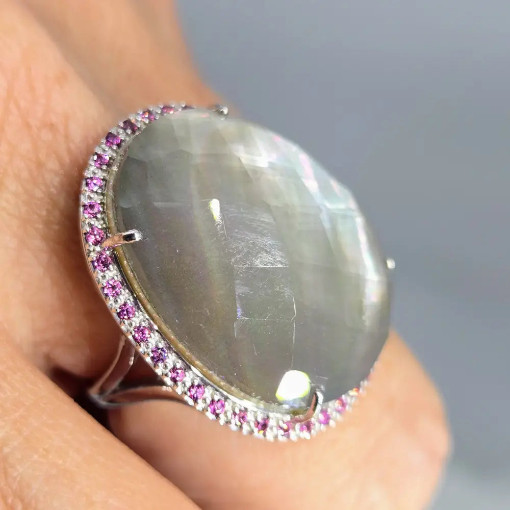 ?SIlver Fox’ Sz 8 Ring - Tahitian Mother-of-pearl Quartz Rhodolite Garnet Anti-tarnish Sterling