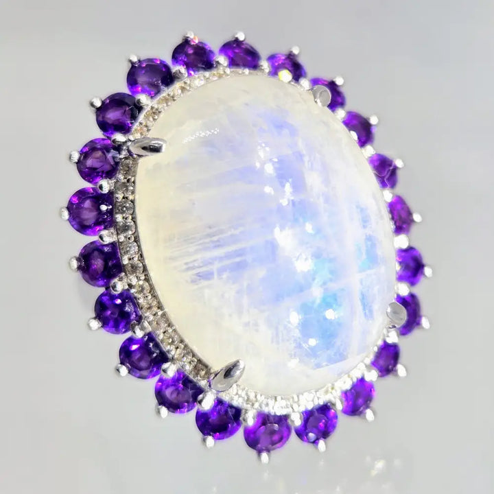 ?SIlvery Moon’ Sz 7 Ring - Moonstone Amethyst White Zircon Anti-tarnish Sterling