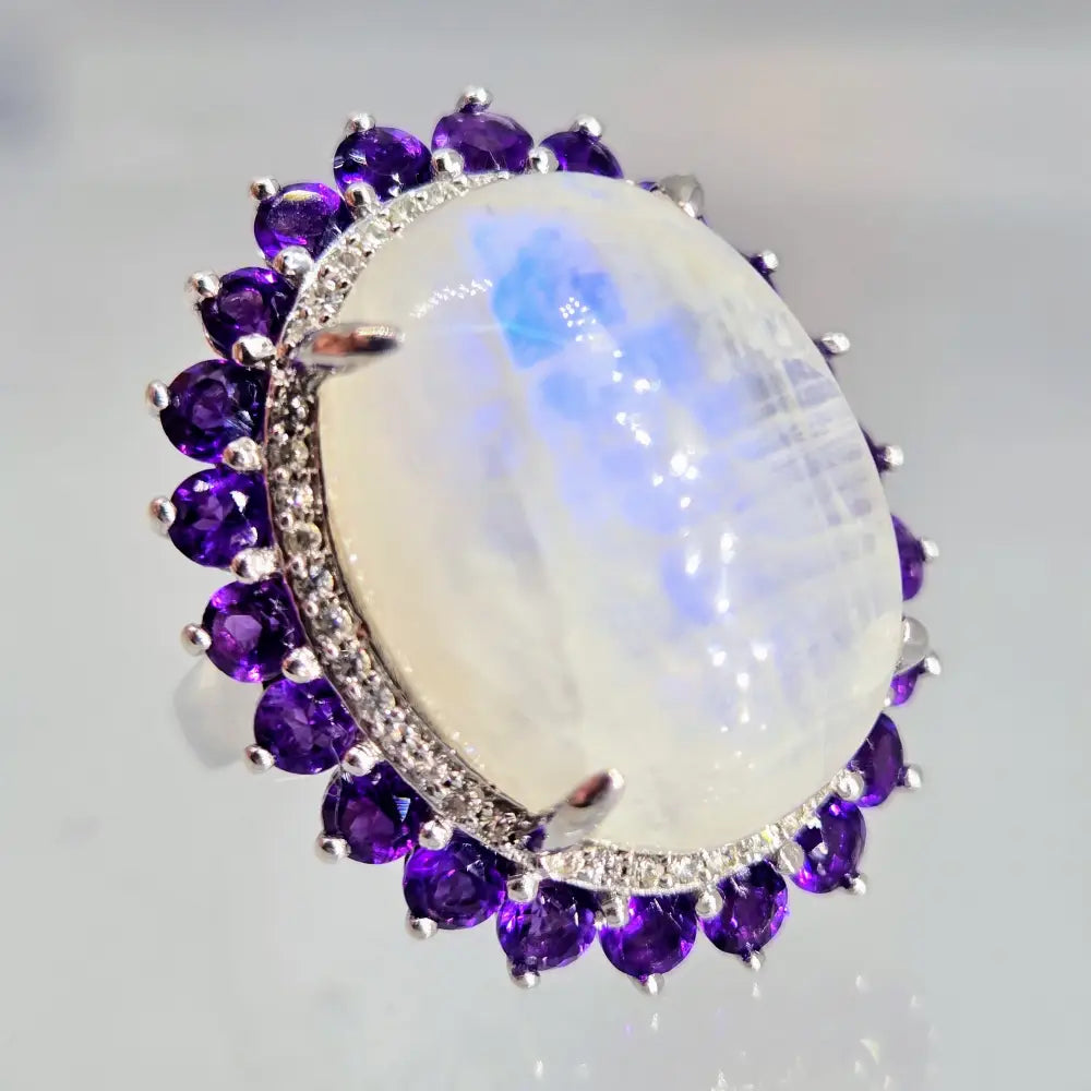 ?SIlvery Moon’ Sz 7 Ring - Moonstone Amethyst White Zircon Anti-tarnish Sterling