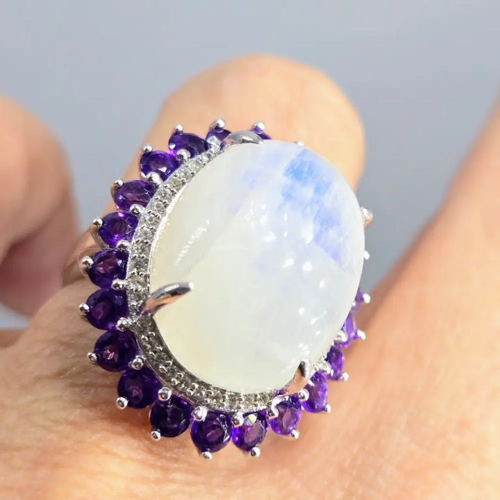 ?SIlvery Moon’ Sz 7 Ring - Moonstone Amethyst White Zircon Anti-tarnish Sterling