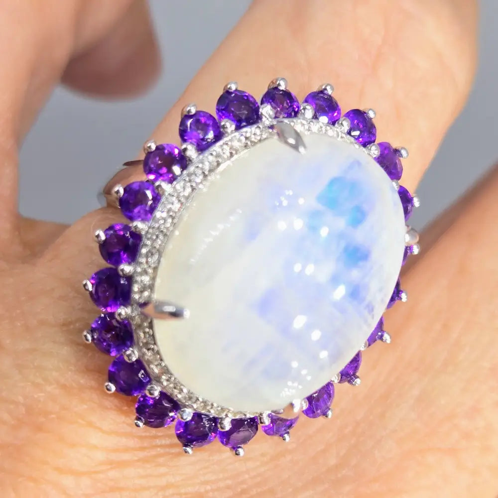 ?SIlvery Moon’ Sz 7 Ring - Moonstone Amethyst White Zircon Anti-tarnish Sterling