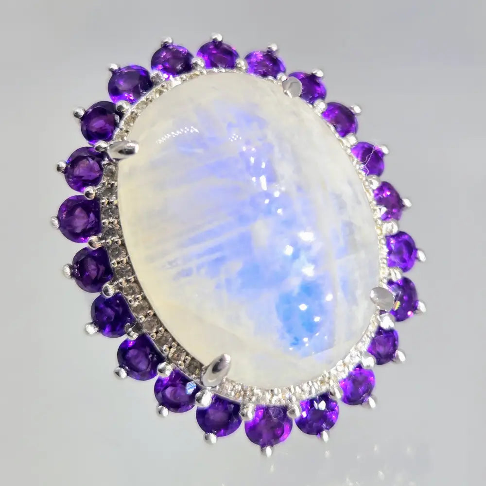 ?SIlvery Moon’ Sz 7 Ring - Moonstone Amethyst White Zircon Anti-tarnish Sterling