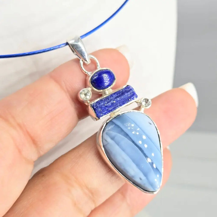 ?SKy’s the Limit’ Pendant Necklace - Angelite,lapis Lazuli Topaz Sterling - Key West Local Luxe