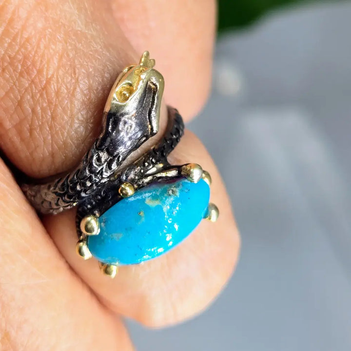 ?SLither’ Sz 7.25 Ring - Gem Silica Black Sterling 18k Gold Accents