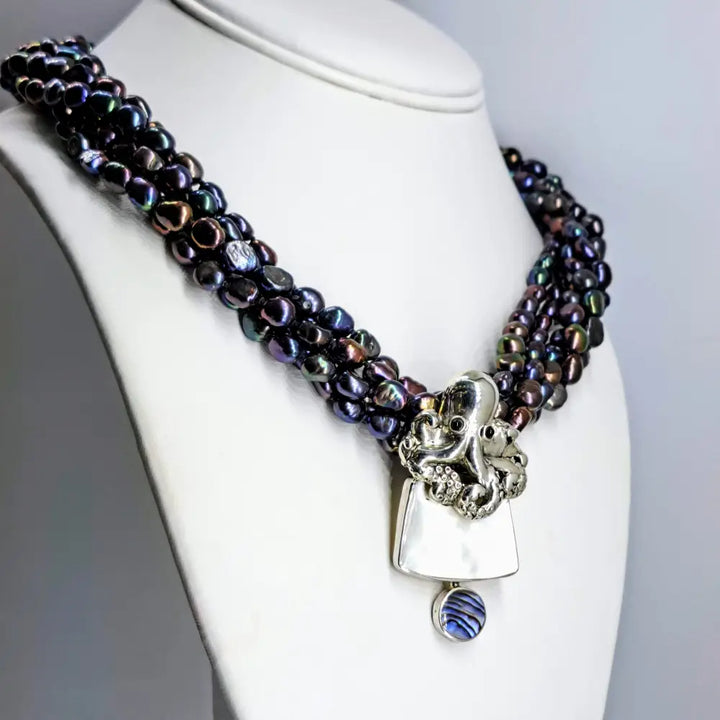 ?SMooth Operator’ Pendant Necklace - Paua Shell Mother of Pearl Onyx Sterling Pearls