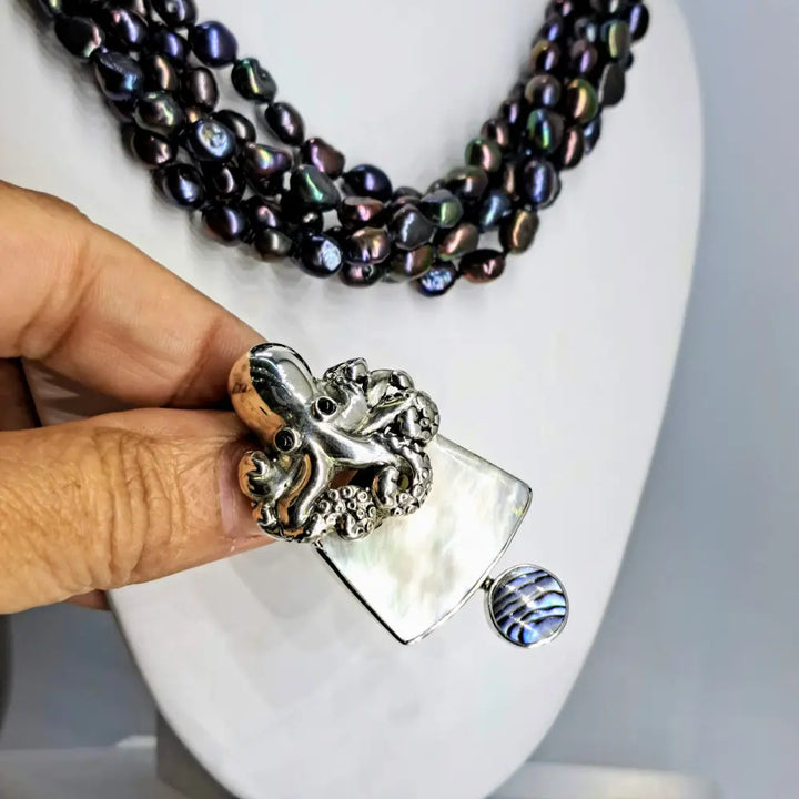 ?SMooth Operator’ Pendant Necklace - Paua Shell Mother of Pearl Onyx Sterling Pearls