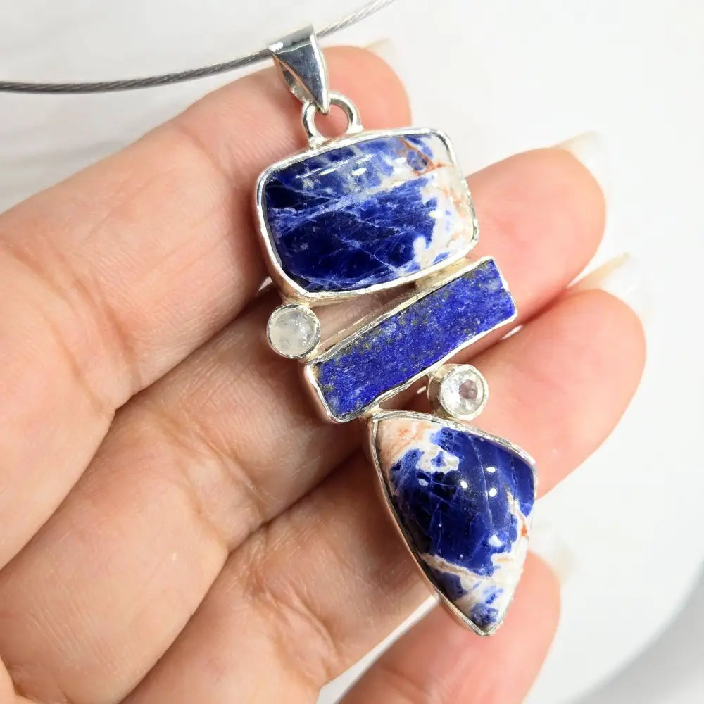 ?SOaring’ Pendant Necklace - Sodalite Lapis Lazuli Moonstone Topaz Sterling - Key West Local Luxe