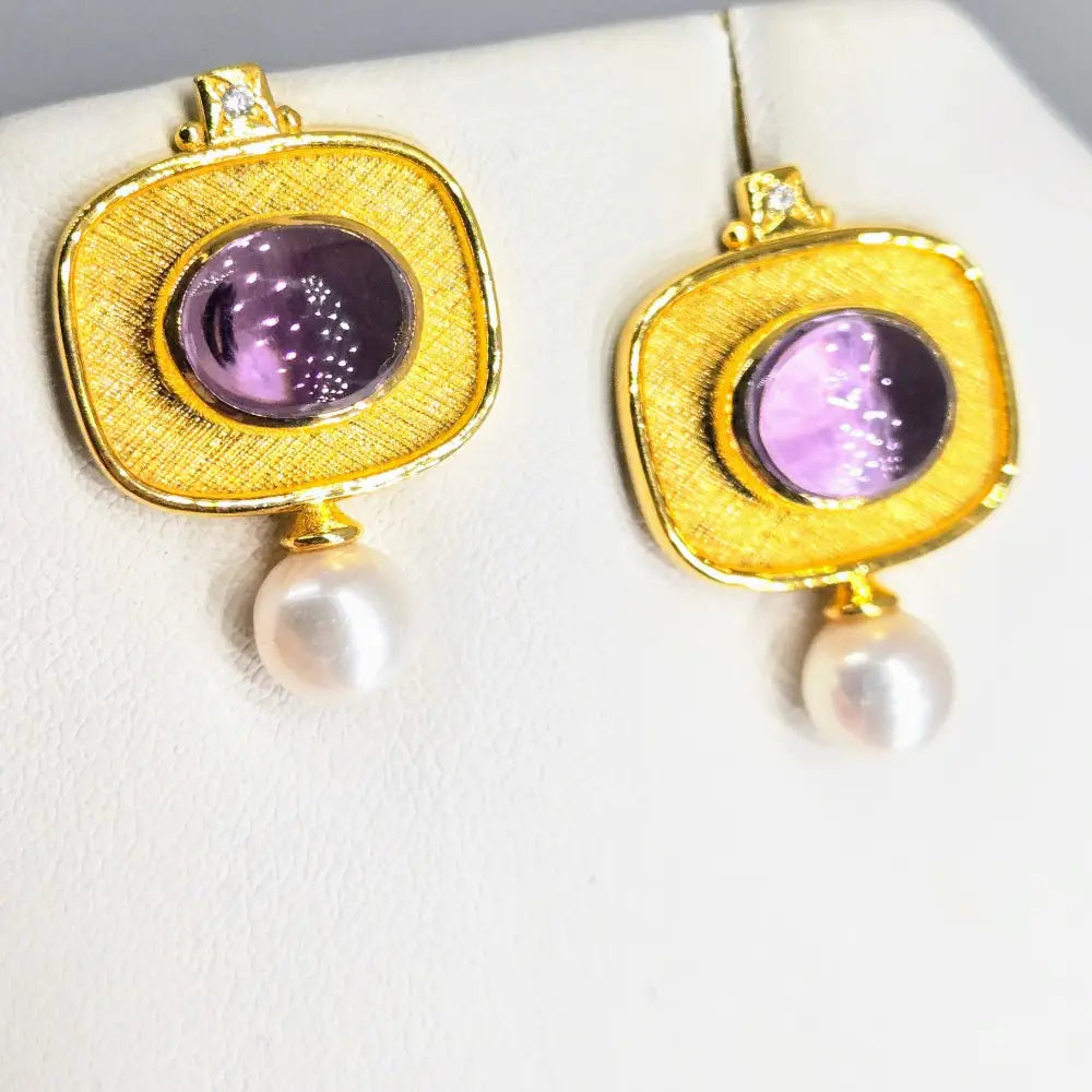 ?SOphisticated Sweeties’ 1’’ Earrings - Amethyst Shell Pearl Zircon 18k Gold Sterling