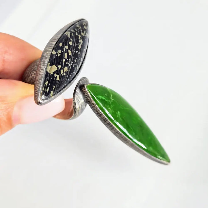 ?SPace Between’ Sz 8.5 Ring - Jade Matrix Pyrite Oxidized Sterling