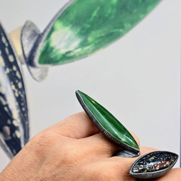 ?SPace Between’ Sz 8.5 Ring - Jade Matrix Pyrite Oxidized Sterling