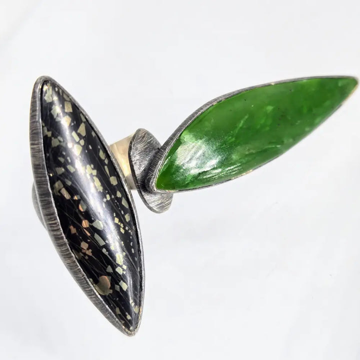 ?SPace Between’ Sz 8.5 Ring - Jade Matrix Pyrite Oxidized Sterling