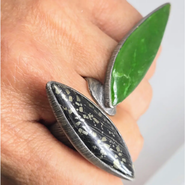 ?SPace Between’ Sz 8.5 Ring - Jade Matrix Pyrite Oxidized Sterling