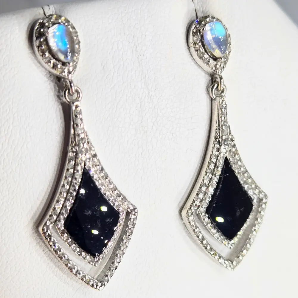 ?SPades’ 1.5’’ Earrings - Diamonds Onyx Moonstone Anti-tarnish Sterling