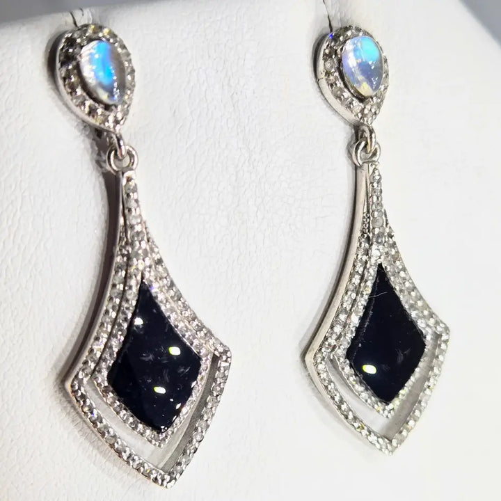 ?SPades’ 1.5’’ Earrings - Diamonds Onyx Moonstone Anti-tarnish Sterling