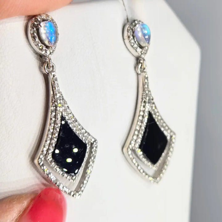 ?SPades’ 1.5’’ Earrings - Diamonds Onyx Moonstone Anti-tarnish Sterling