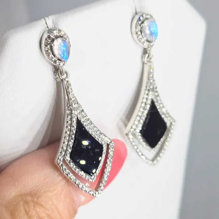 ?SPades’ 1.5’’ Earrings - Diamonds Onyx Moonstone Anti-tarnish Sterling