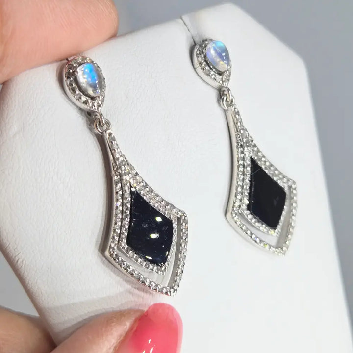 ?SPades’ 1.5’’ Earrings - Diamonds Onyx Moonstone Anti-tarnish Sterling