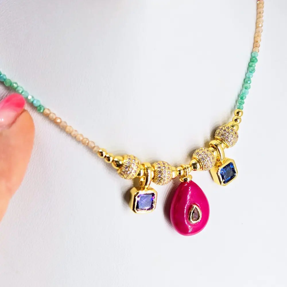 ?SParkalicious!’ 16’’-18’’ Necklace - Crystals Amethyst Topaz Pink Agate Gold Pvd