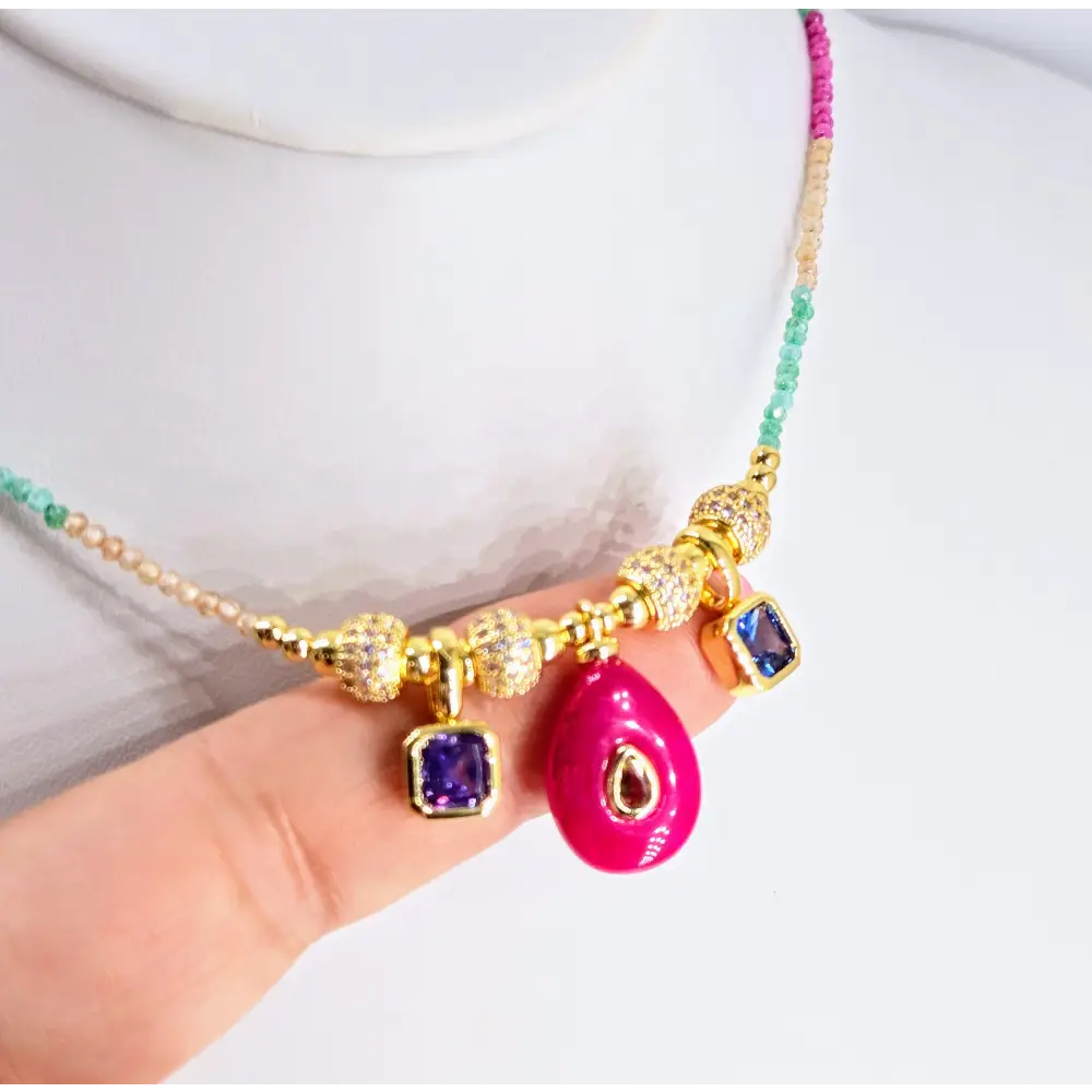 ?SParkalicious!’ 16’’-18’’ Necklace - Crystals Amethyst Topaz Pink Agate Gold Pvd