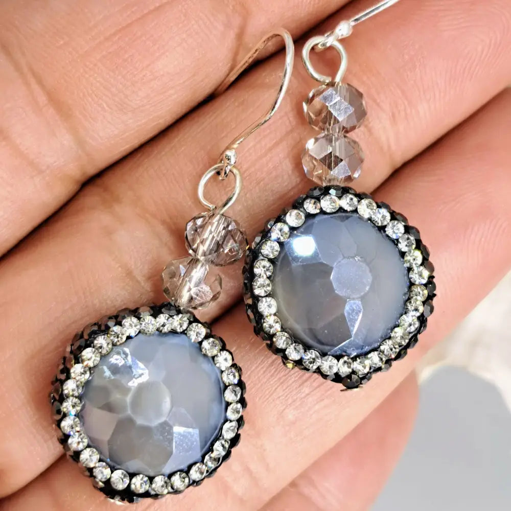 ?SParkle Basics’ 1.5’’ to 2’’ Earrings - Mother of Pearl Turquenite Crystal or Onyx with Pave’ & Sterling - Smoked Round