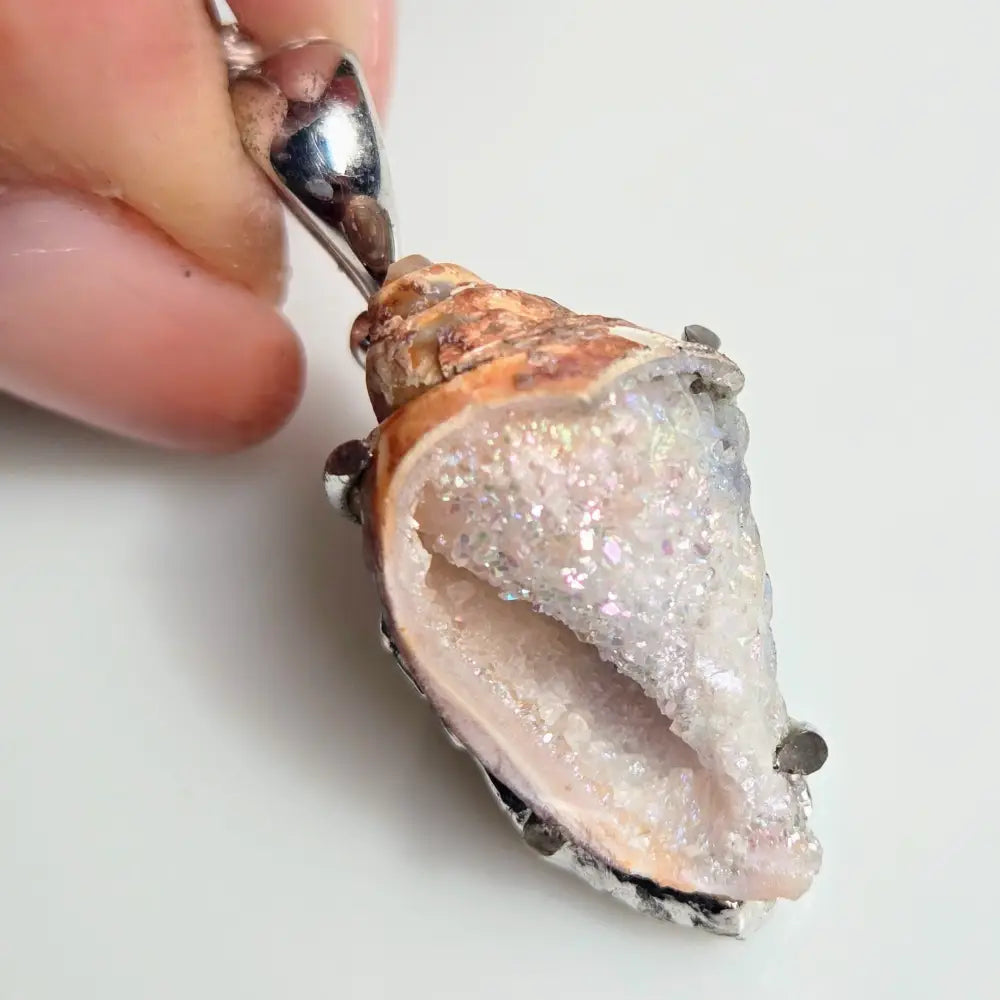 ?SParkle-puss’ Pendant Necklaces - Druzy Fossil Shell Sterling - #2 Petite-ish 1.5’’