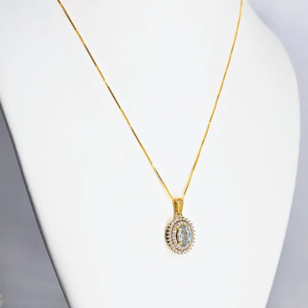 ?SParkling Waters’ 18’’ Necklace - Blue Topaz Diamond Halo 18k Gold Sterling