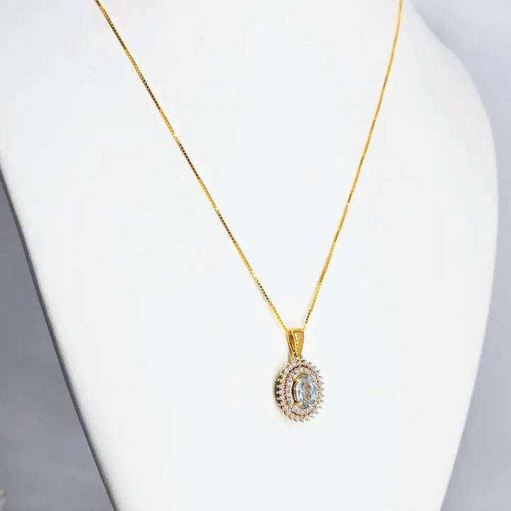 ?SParkling Waters’ 18’’ Necklace - Blue Topaz Diamond Halo 18k Gold Sterling