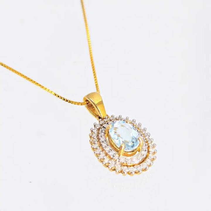 ?SParkling Waters’ 18’’ Necklace - Blue Topaz Diamond Halo 18k Gold Sterling