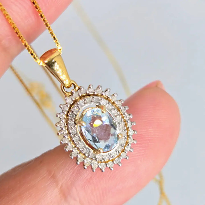 ?SParkling Waters’ 18’’ Necklace - Blue Topaz Diamond Halo 18k Gold Sterling