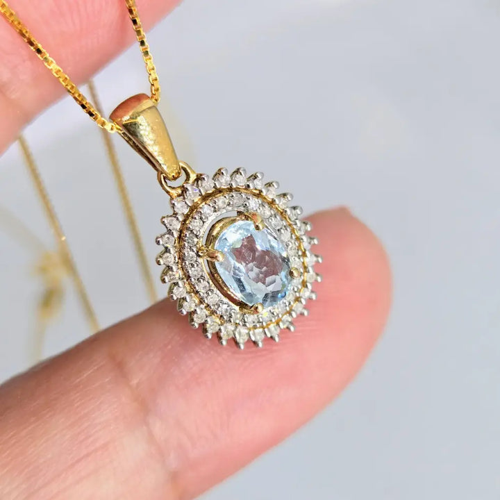 ?SParkling Waters’ 18’’ Necklace - Blue Topaz Diamond Halo 18k Gold Sterling