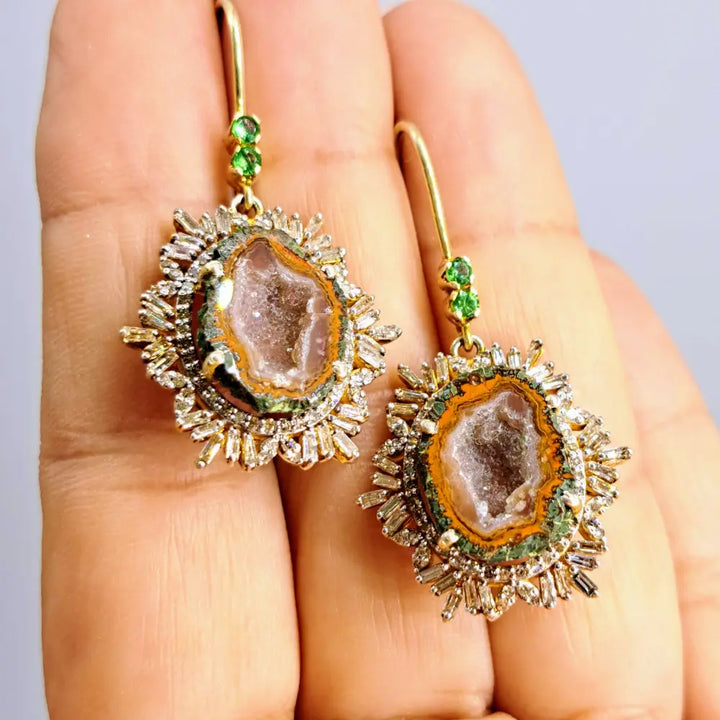 ?SPice of Life’ 2’’ Earrings - Tabasco Geodes Diamonds Tsavorite 18k Gold Sterling