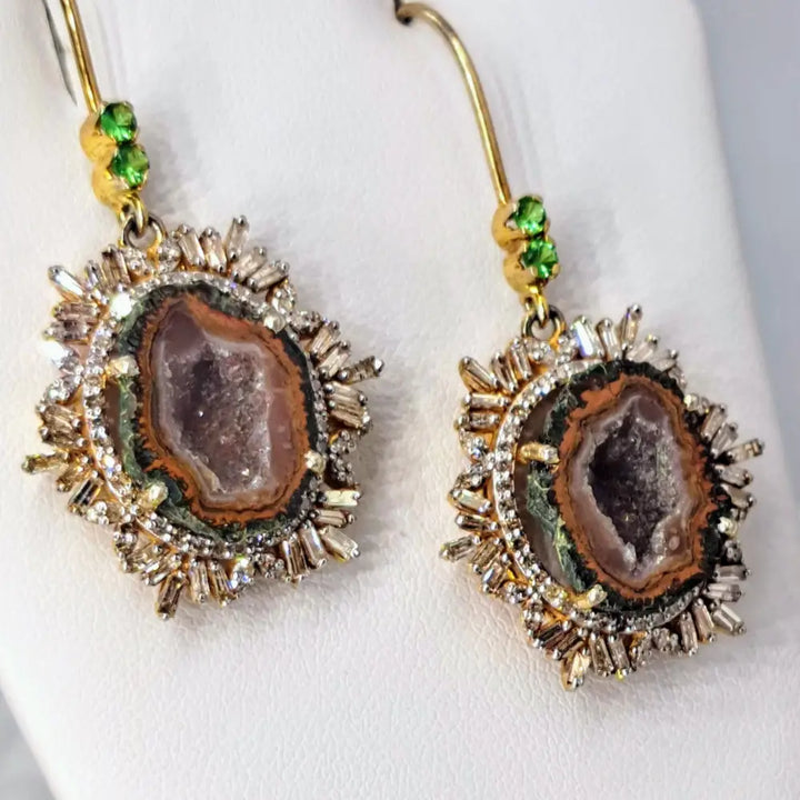 ?SPice of Life’ 2’’ Earrings - Tabasco Geodes Diamonds Tsavorite 18k Gold Sterling