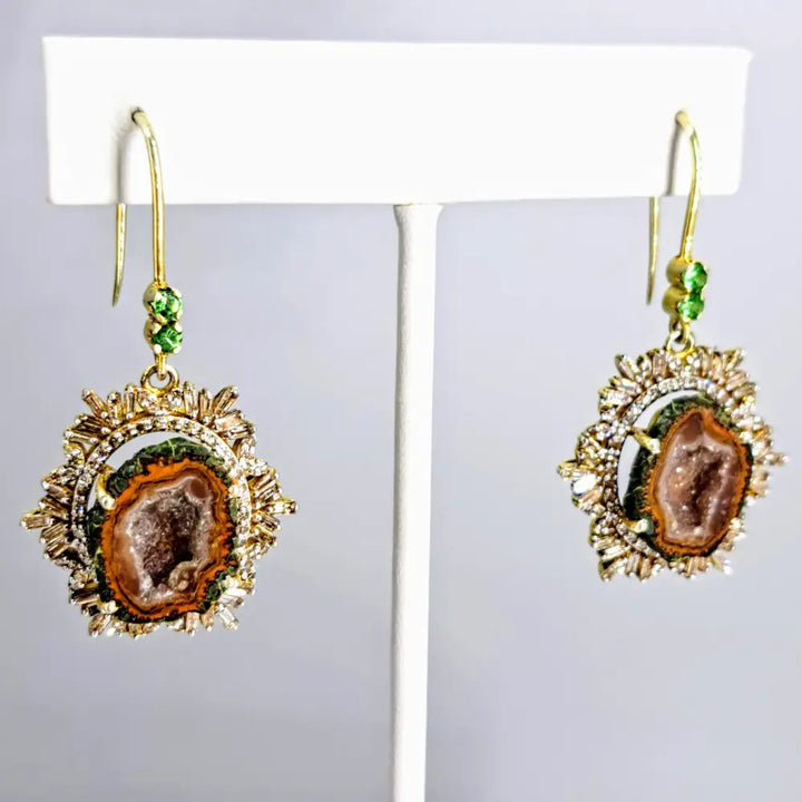?SPice of Life’ 2’’ Earrings - Tabasco Geodes Diamonds Tsavorite 18k Gold Sterling