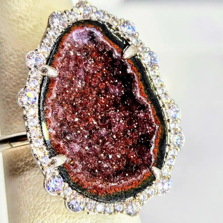 Spicy Scarlet Stardust Adjustable Sz 6-7 Ring Tobasco Geode White Zircon Anti-tarnish.925