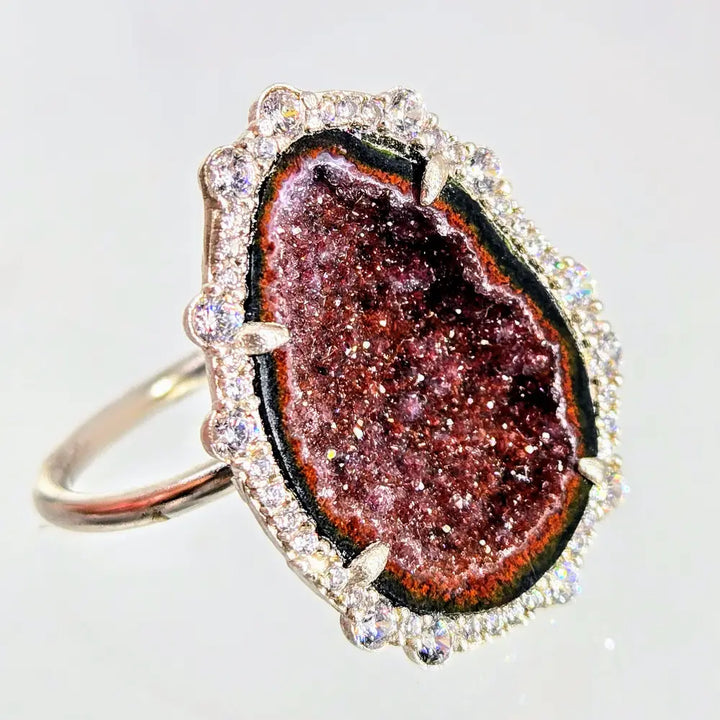 Spicy Scarlet Stardust Adjustable Sz 6-7 Ring Tobasco Geode White Zircon Anti-tarnish.925