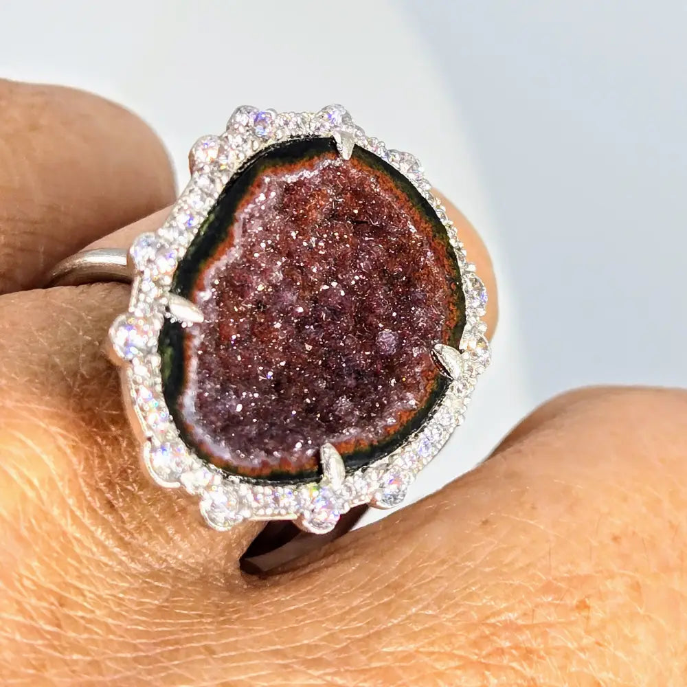 Spicy Scarlet Stardust Adjustable Sz 6-7 Ring Tobasco Geode White Zircon Anti-tarnish.925