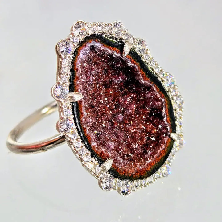 Spicy Scarlet Stardust Adjustable Sz 6-7 Ring Tobasco Geode White Zircon Anti-tarnish.925