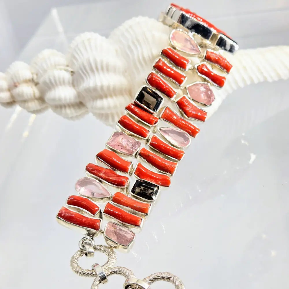 ?SPicy Tomato Stix’ 6.5’’ - 7.5’’ Bracelet - Mediterranean Coral Chalcedony Morganite Quartz Sterling